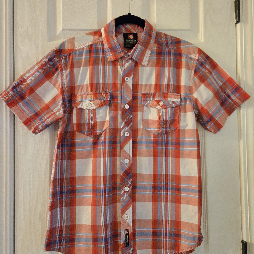 South Pole Men's Red White Plaid Short Sleeve Shirt Size Medium
